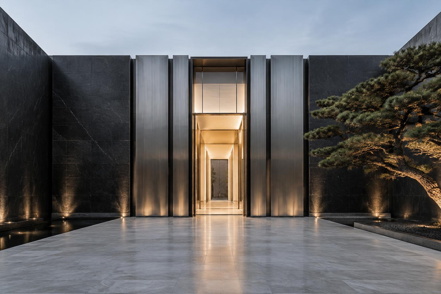 Architectural study of an illuminated private entrance in dark stone