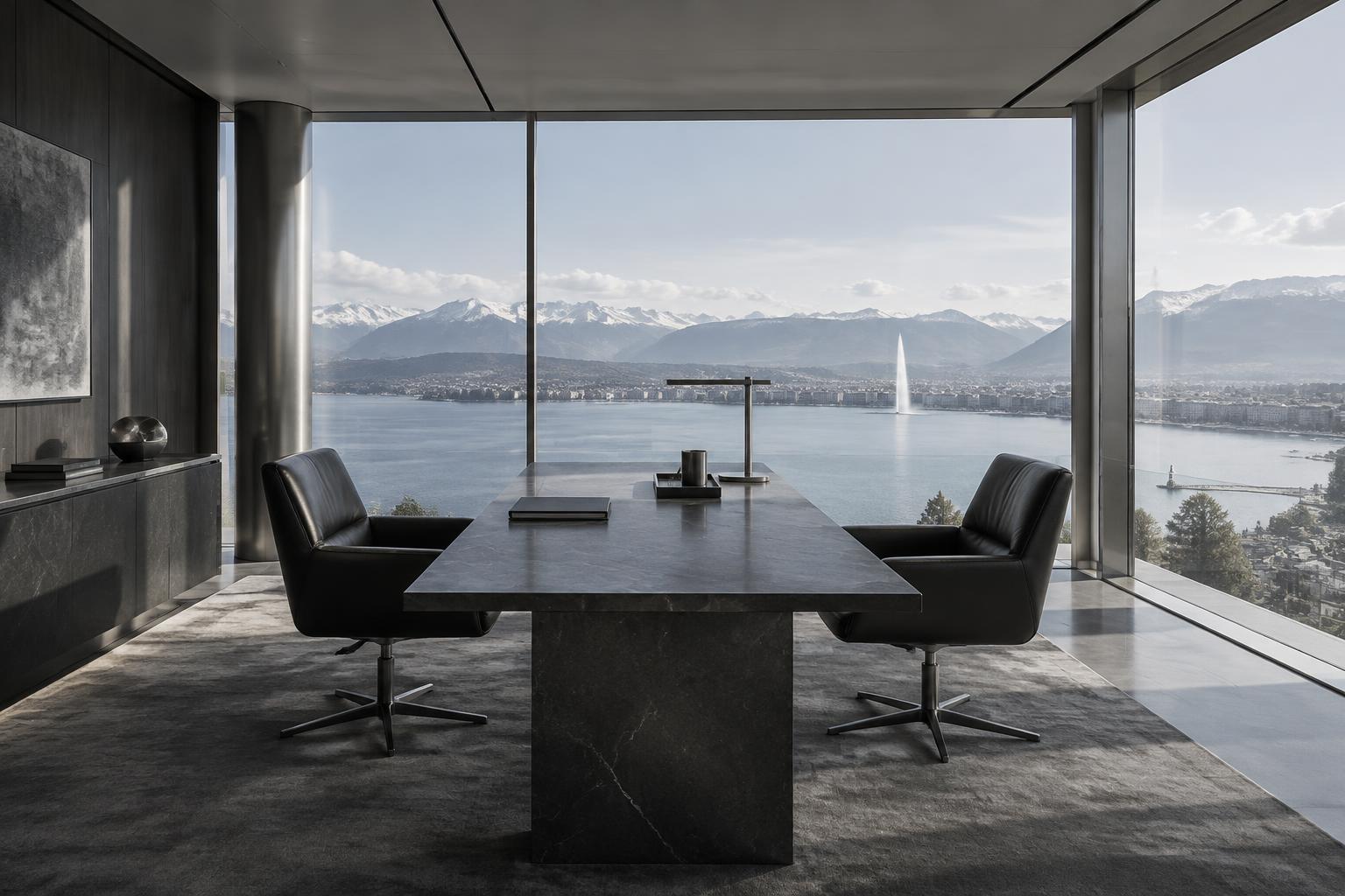 Architectural study of a private office overlooking a lake